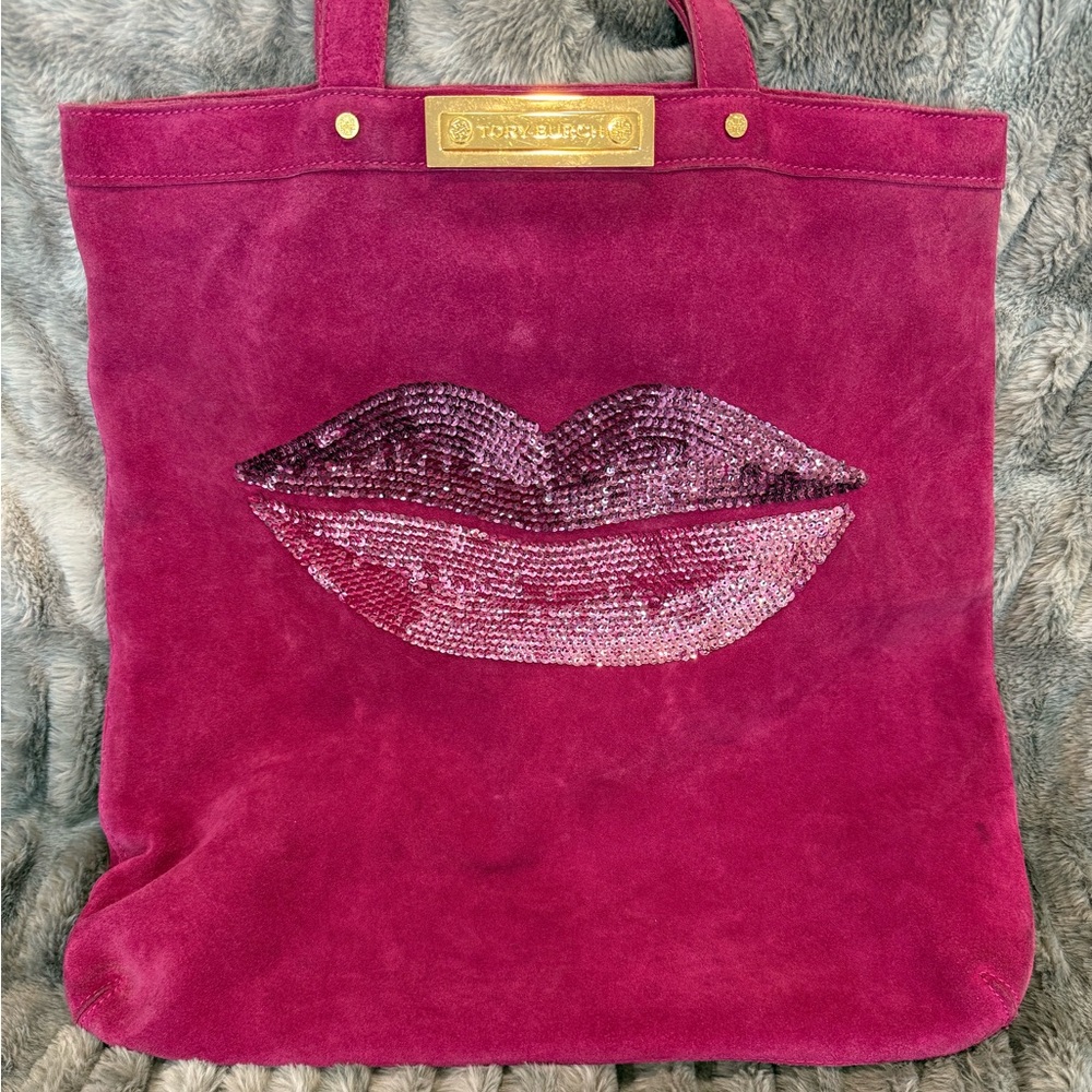 Tory Burch Fuchsia Suede Sequin Lip Tote